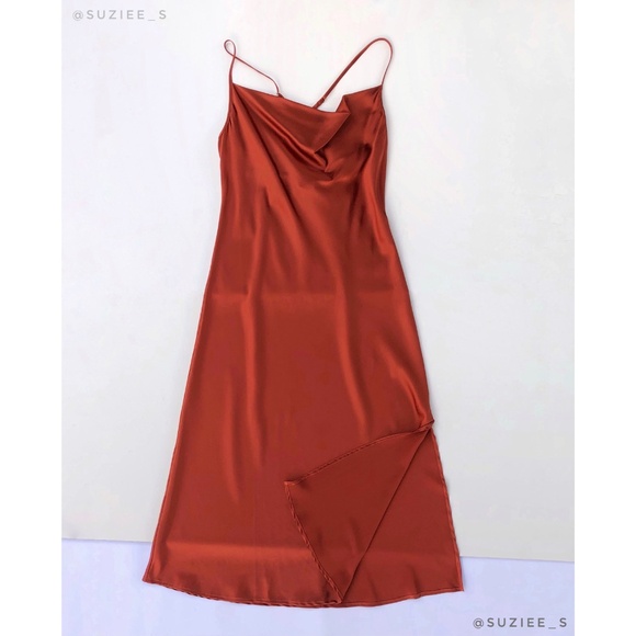 Andamane Delphina Rust Red Orange Silk Satin Slip Midi Dress Side Slit  M NWT - Picture 4 of 16